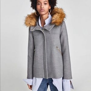 NEW Zara Grey wool Jacket with fur hood